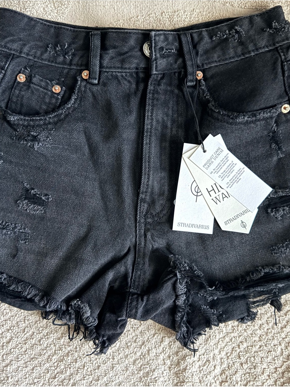 stradivarius Black Distressed High-Waist Jean Shorts